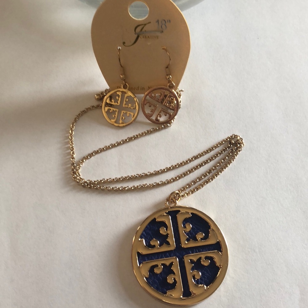 F CREATIVE BRIGHT BLUE WITH GOLD DETAILING PENDANT NECKLACE AND GOLD EARRING SET